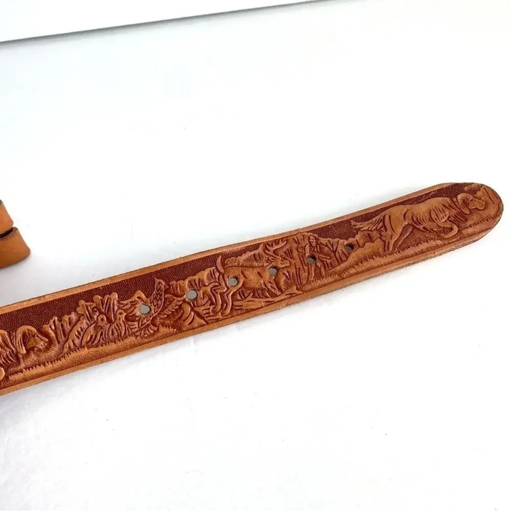 Vintage Tooled Leather Belt Hunting Dog Brown Western ERICA Womens Girls 26‎ XS